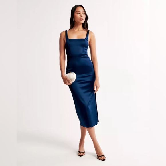 Abercrombie & Fitch Dresses & Skirts - NWOT Abercrombie Sculpting Navy Satin Stretch Midi Dress With Slit